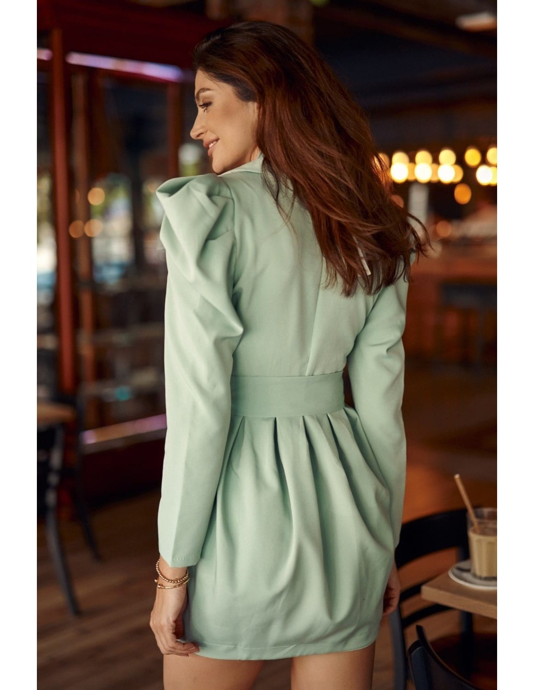 Elegant dress with puffy sleeves, olive green 849 - Online store - Boutique